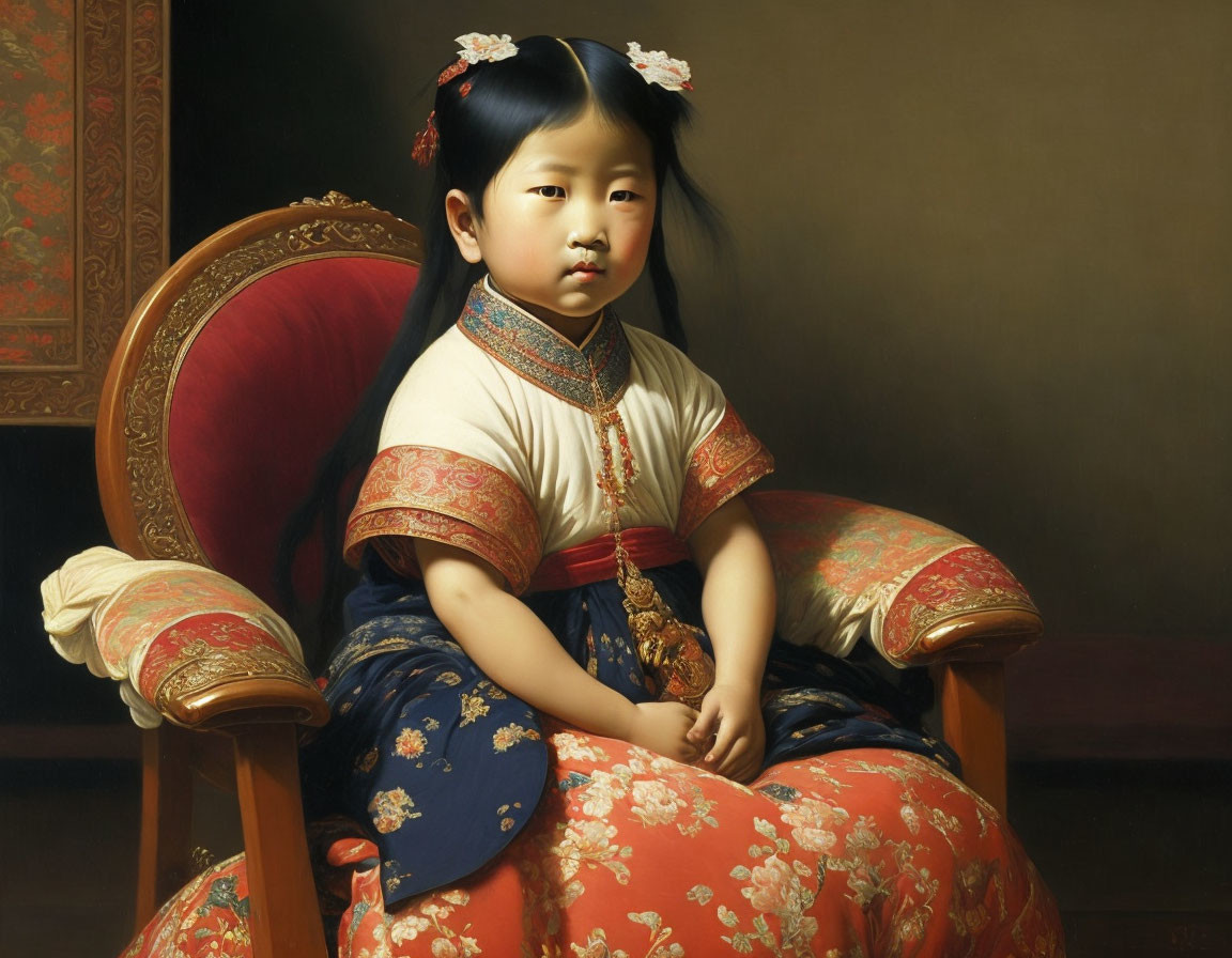 Traditional attire painting of young girl with embroidered fabric