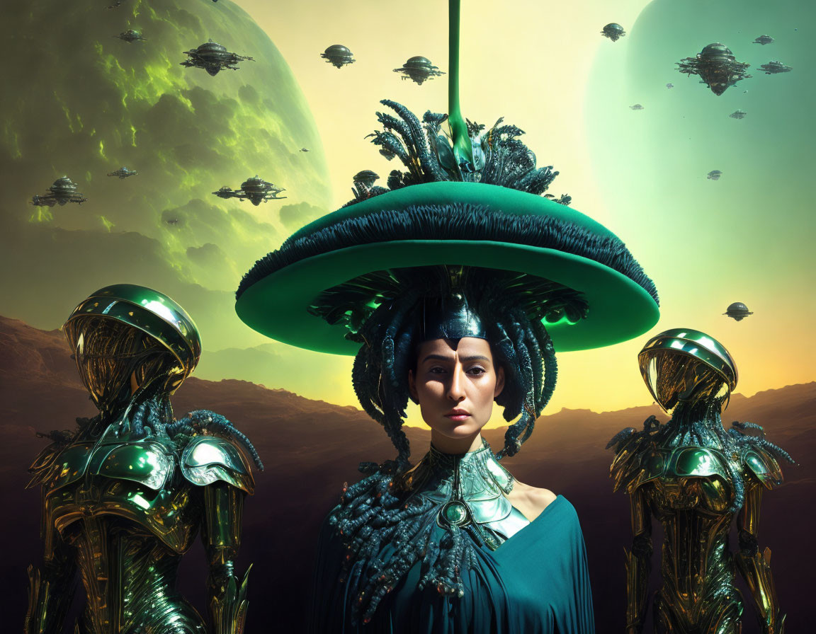 Elaborate headdress woman flanked by armored figures in sci-fi scene