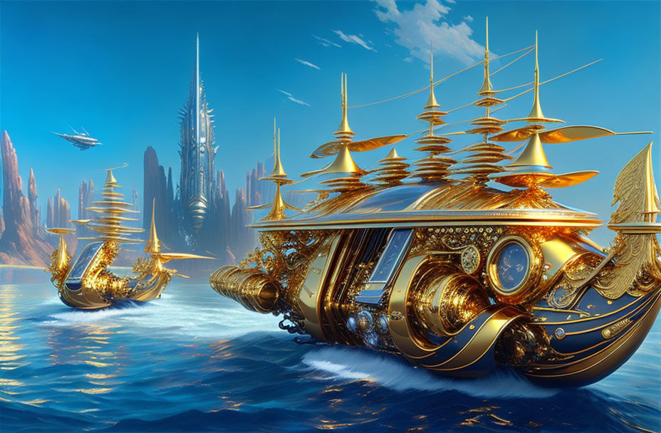 Golden ornate ships approach city with towering spires under blue sky