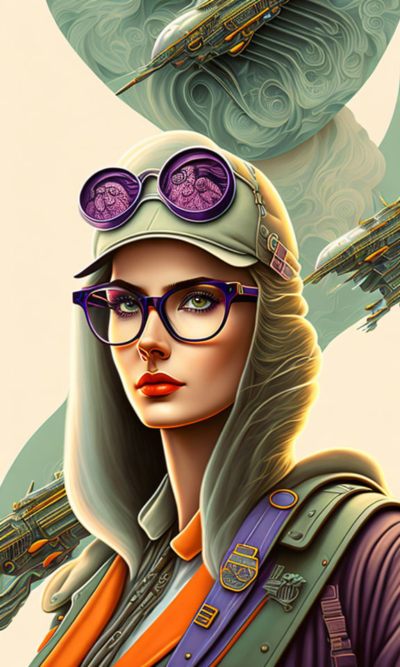 Stylized digital art of a woman in aviator outfit with aircraft background