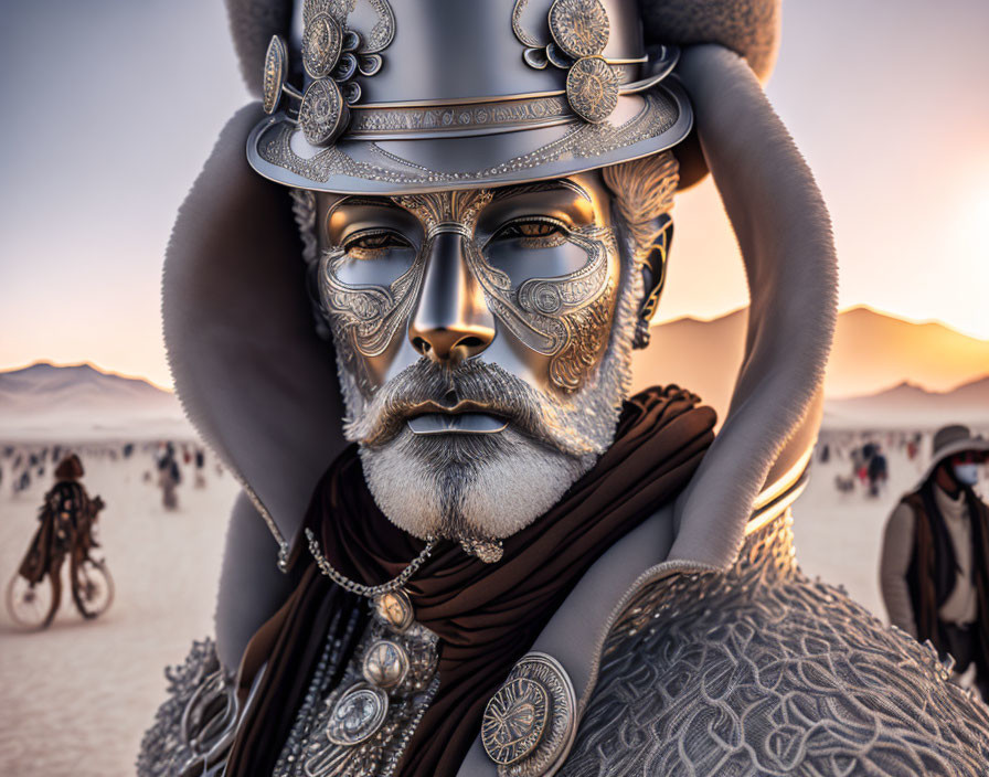 Silver face paint and ornate headgear at desert gathering with bike and sunset sky.