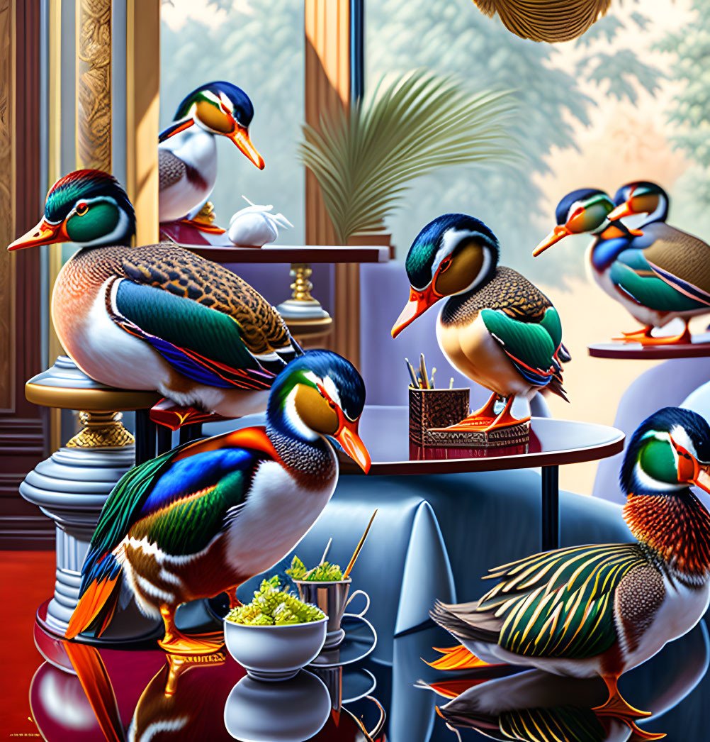 Vibrant ducks on furniture in stylized room with decor and foliage