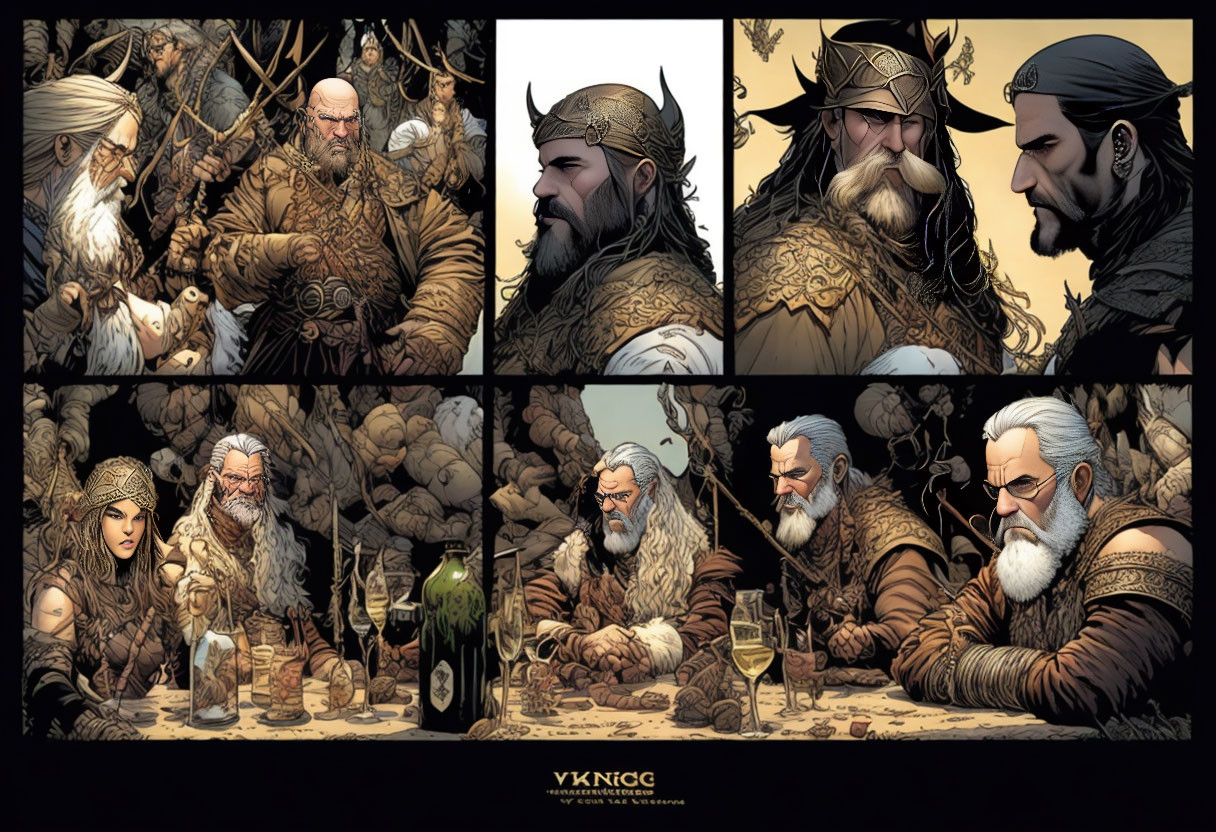 Illustrated Viking characters in various scenes: warriors in intricate armor, with braided hair, conversing