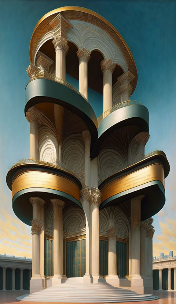 Surreal digital artwork: intricate spiral architectural structure & classical columns.