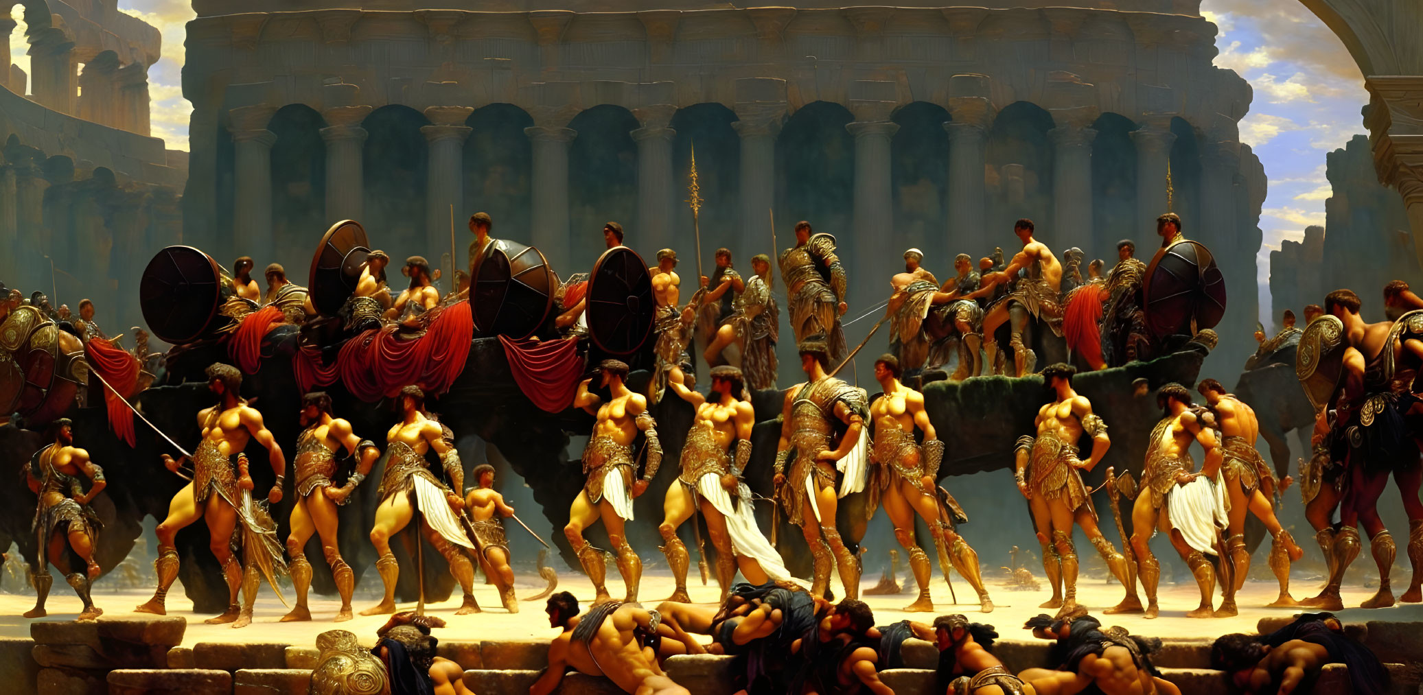 Panoramic painting of classical warriors in ancient arena