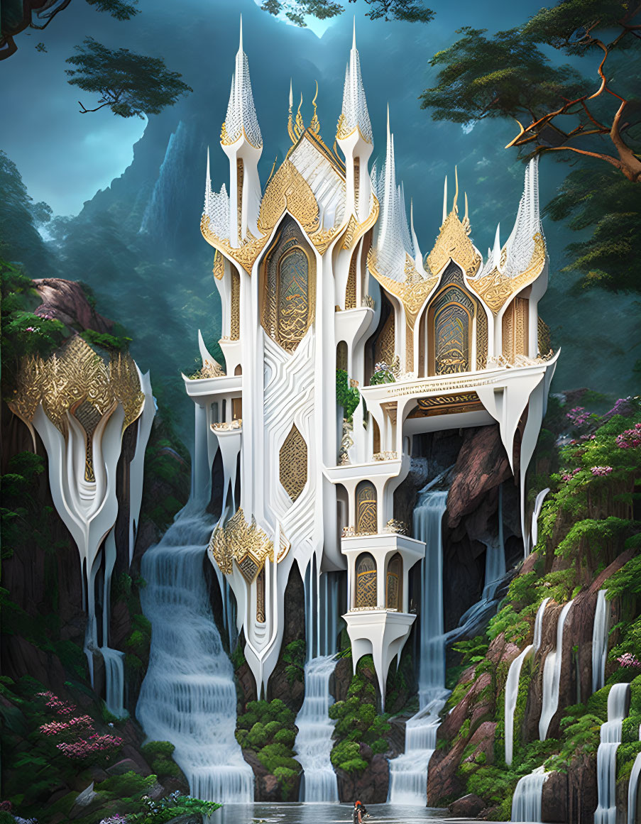 Ethereal palace with golden spires on cliff with waterfalls and lush greenery