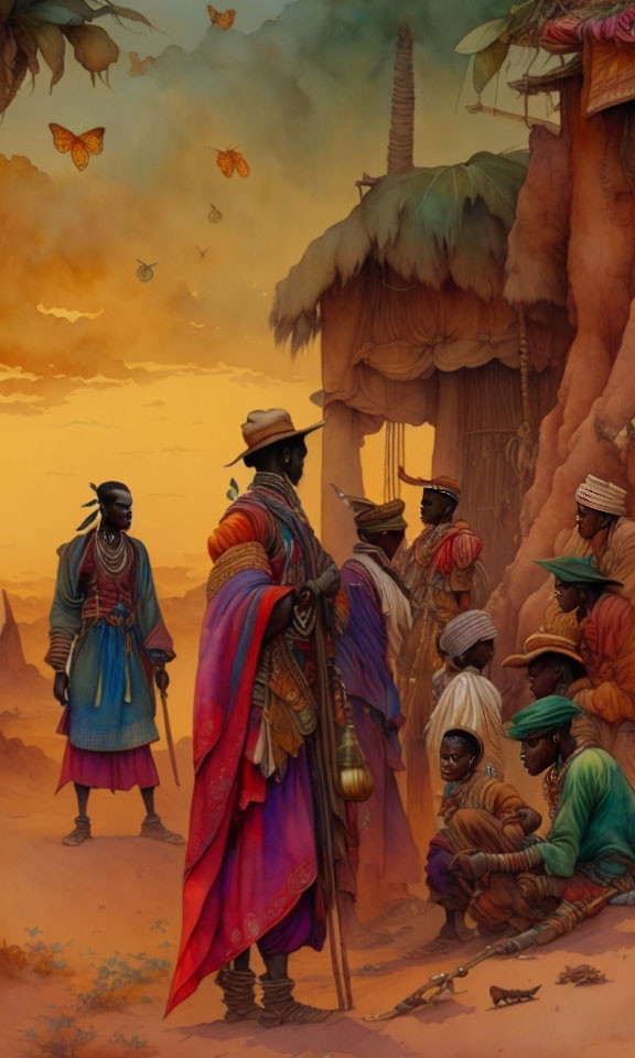 Colorful traveler meets villagers in exotic desert village under dramatic sky