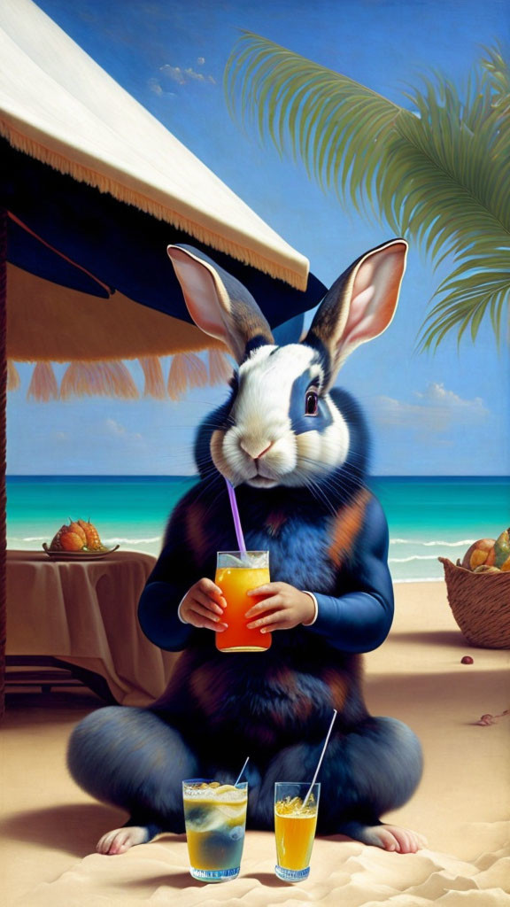 Whimsical rabbit illustration with human-like arms on beach sipping drink