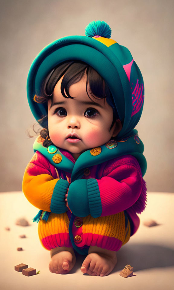 Adorable Baby in Colorful Outfit with Cookies