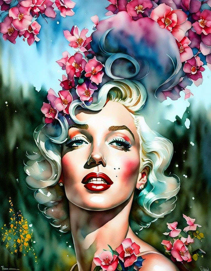 Blonde Woman Surrounded by Pink Flowers and Dreamy Background