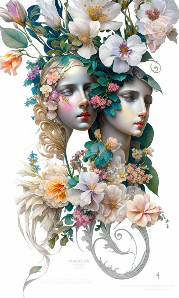 Illustration of intertwined female faces with flowing hair and blooming flowers in soft pastel colors.