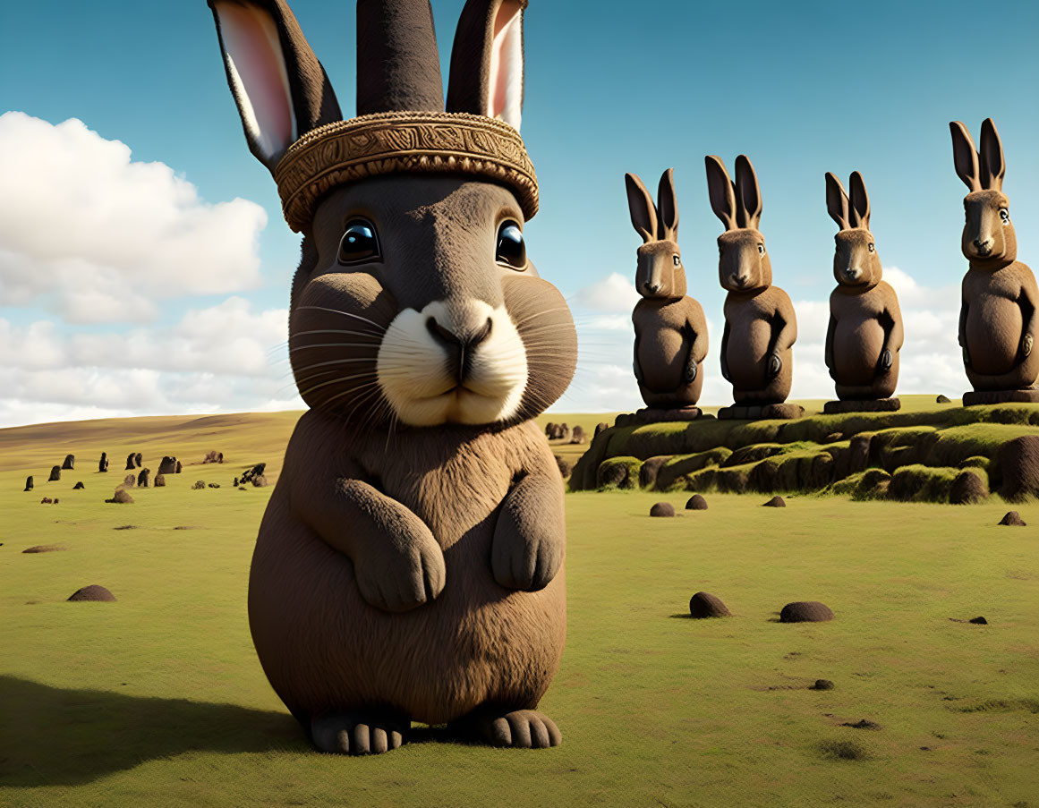 Five Large Stylized Rabbit Statues in a Row on Grassy Field