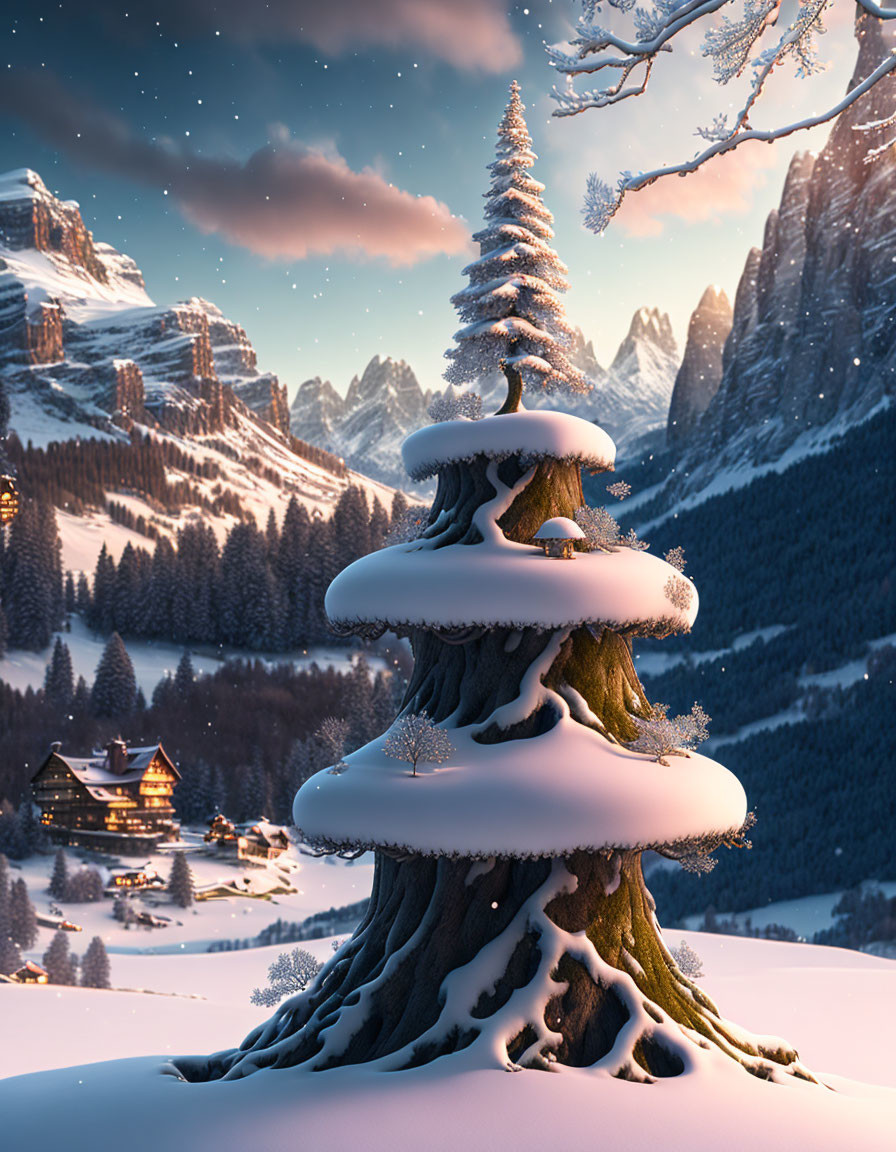 Winter Mountain Landscape with Snow-covered Fir Tree and Cozy Chalet at Dusk