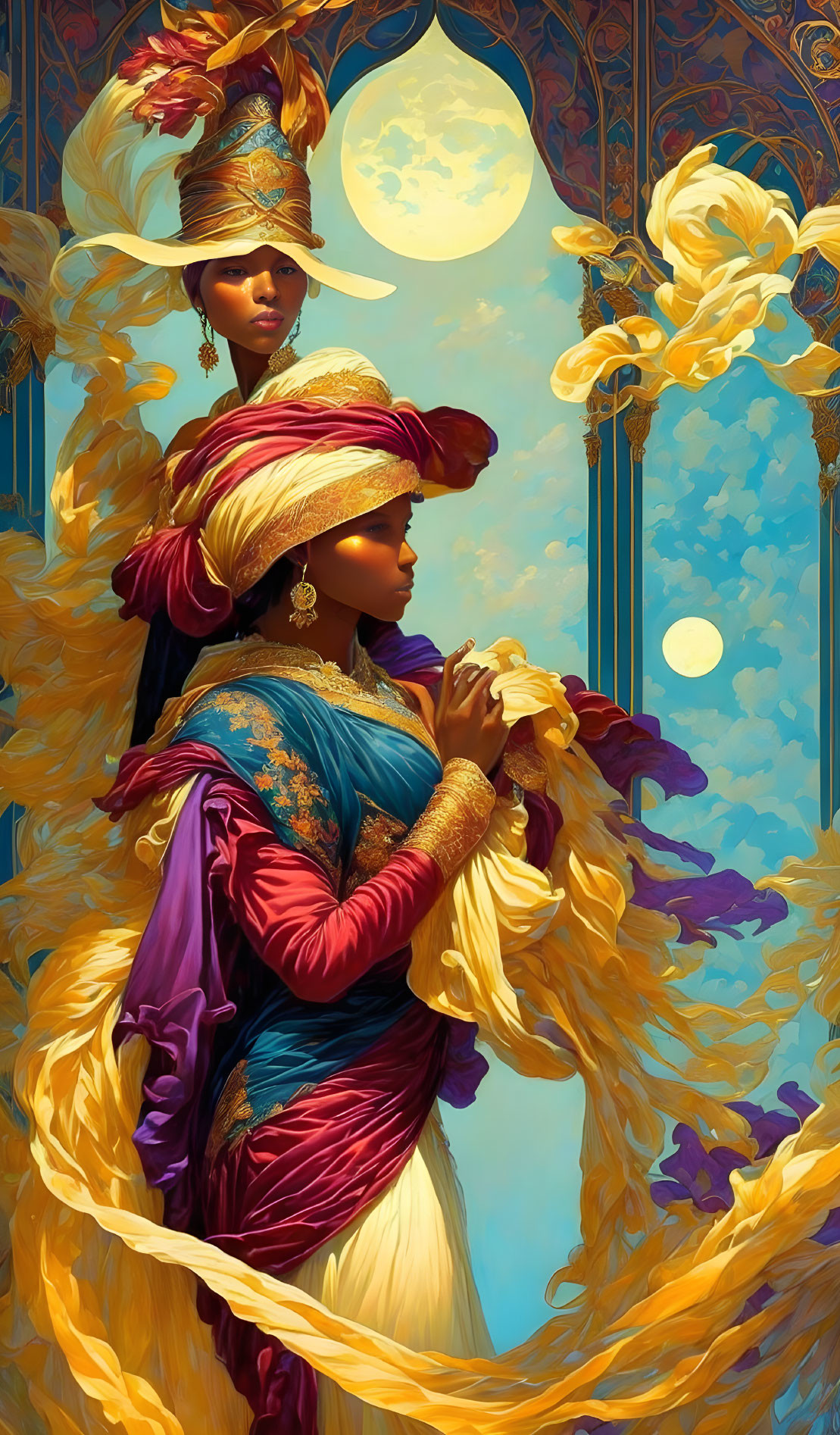 Ornate traditional attire on two figures in front of arches & moons