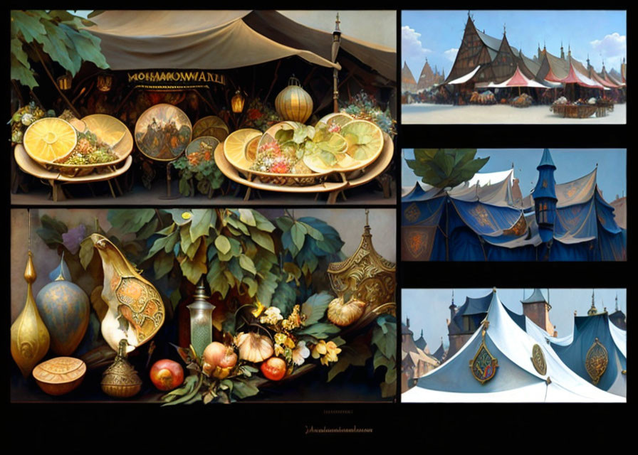 Fantasy-themed collage of vibrant market stalls, bustling arena, serene rooftops, and elegant tents.