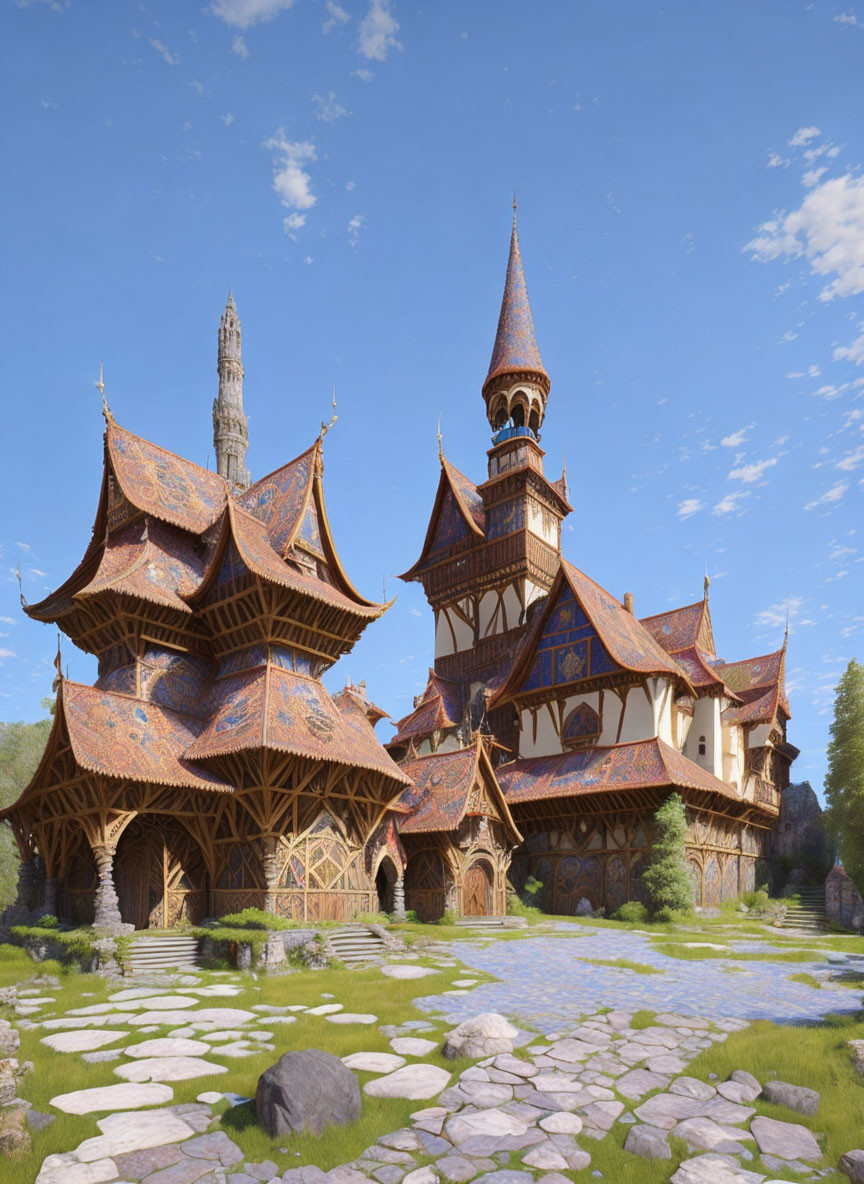 Medieval-style building with ornate towers and spires in serene meadow