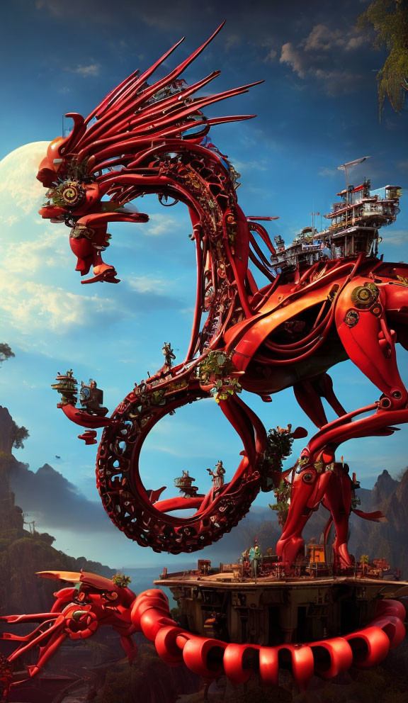 Red mechanical dragon amidst cliffs and industrial platforms under clear blue sky