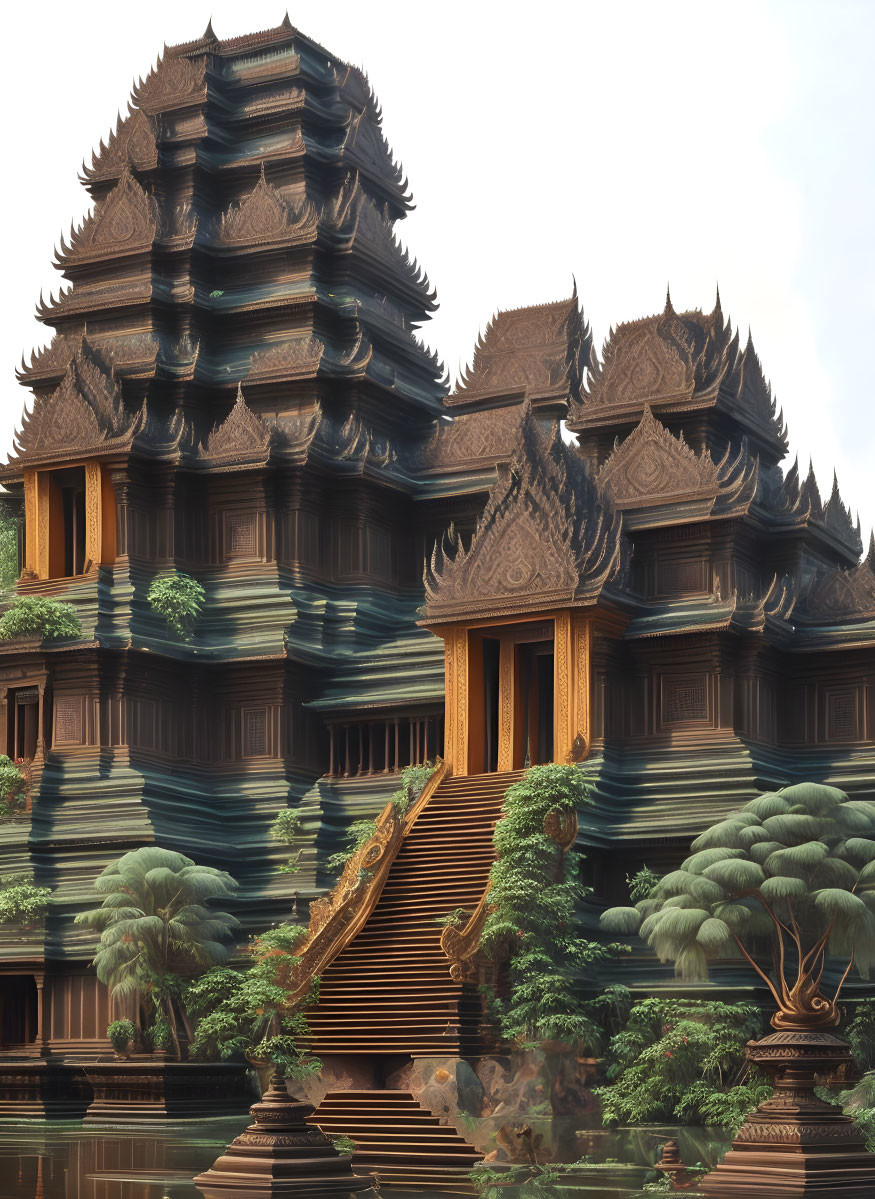 Digital artwork of grand multi-tiered temple in lush green setting