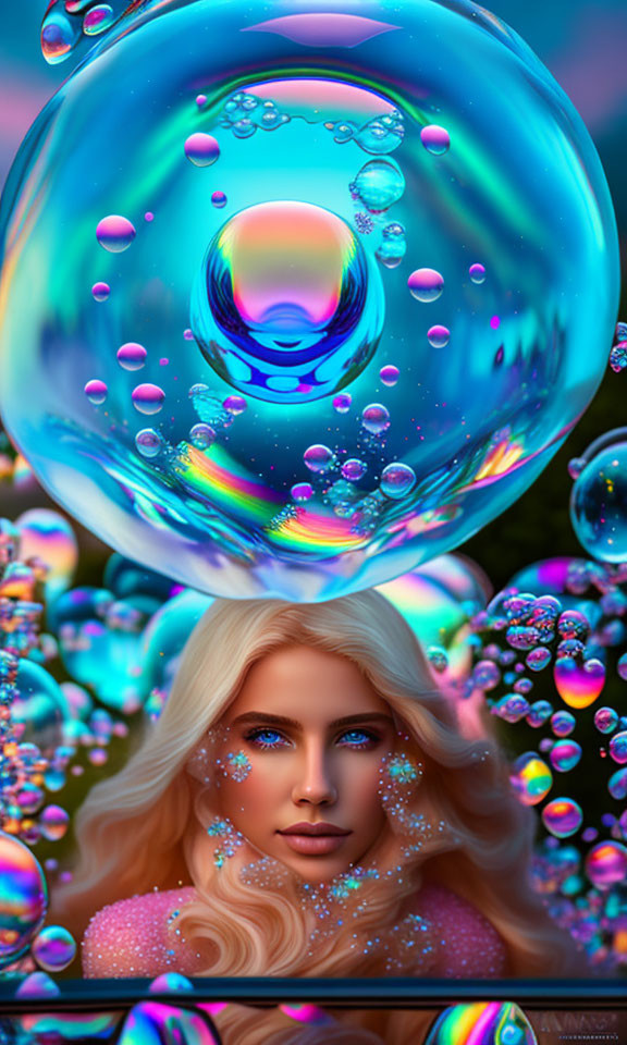 Woman with Blue Eyes and Blonde Hair in Colorful Iridescent Bubble Environment