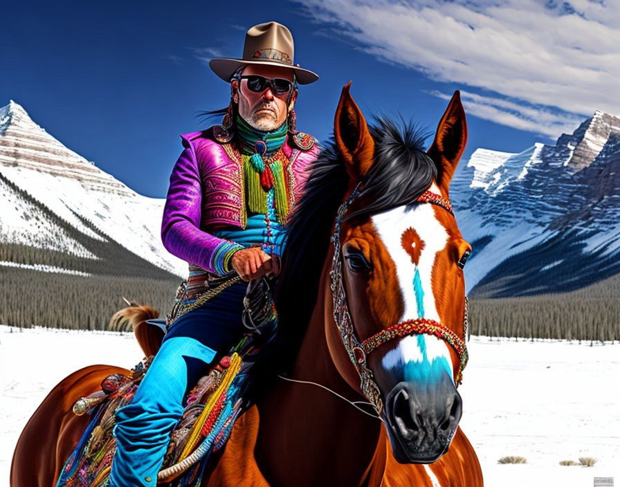 Colorful Cowboy on Brown Horse with Snow-Capped Mountains