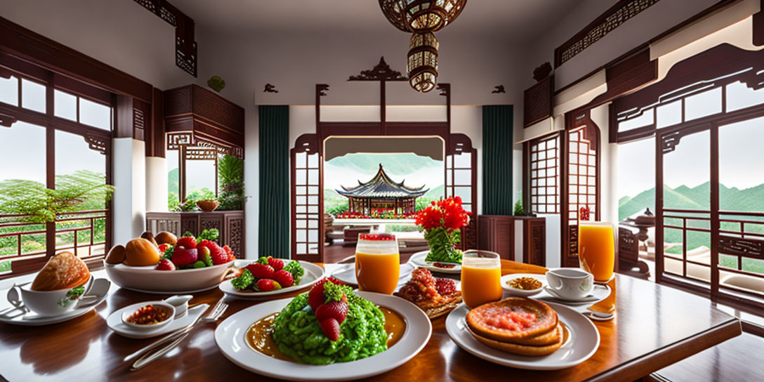 Traditional Eastern-style Dining Room with Elaborate Breakfast Spread and Scenic Mountain View