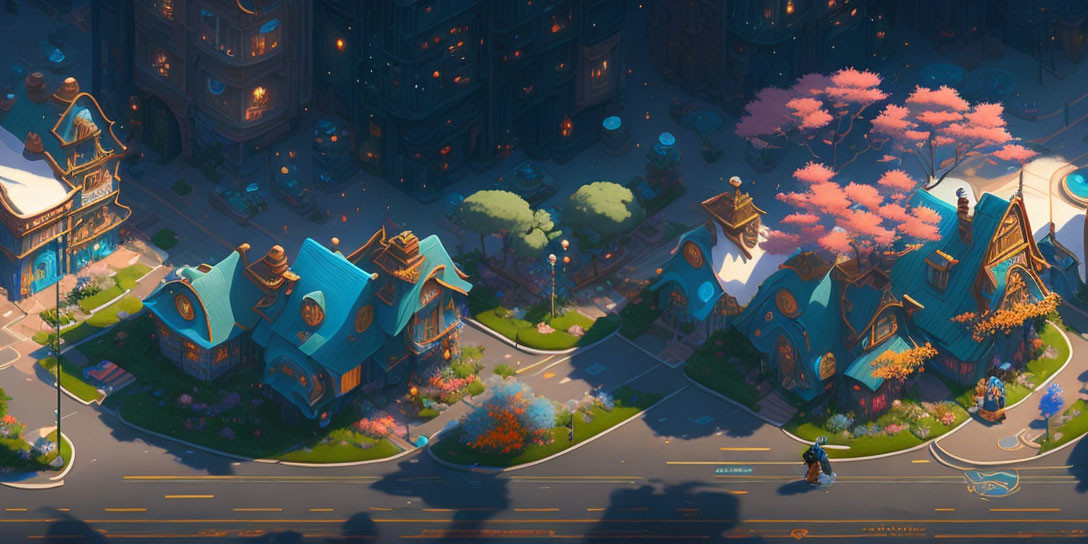 Whimsical fantasy cityscape at dusk with glowing elements