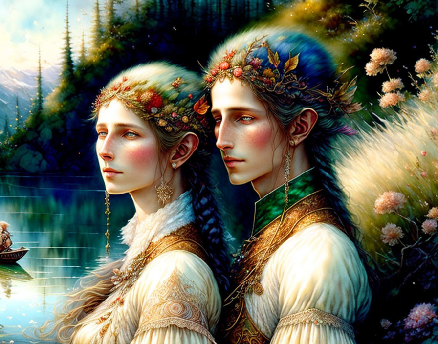 Ethereal man and woman with floral crowns in serene landscape