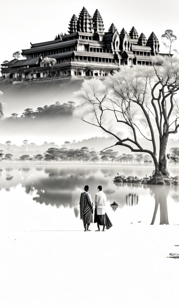 Reflective lake and traditional building with two people in serene black and white scene