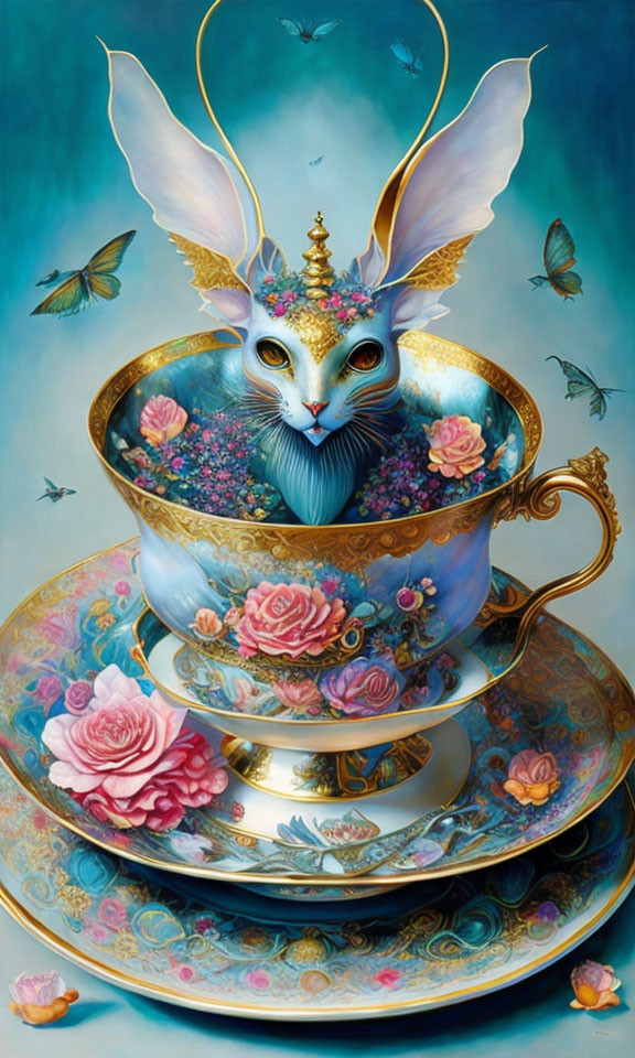 Cat-faced creature with butterfly wings in teacup among flowers and butterflies.