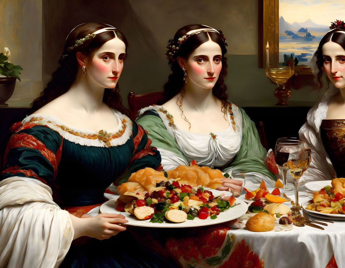 Two women in historical dresses with laurel wreaths at a lavish meal table