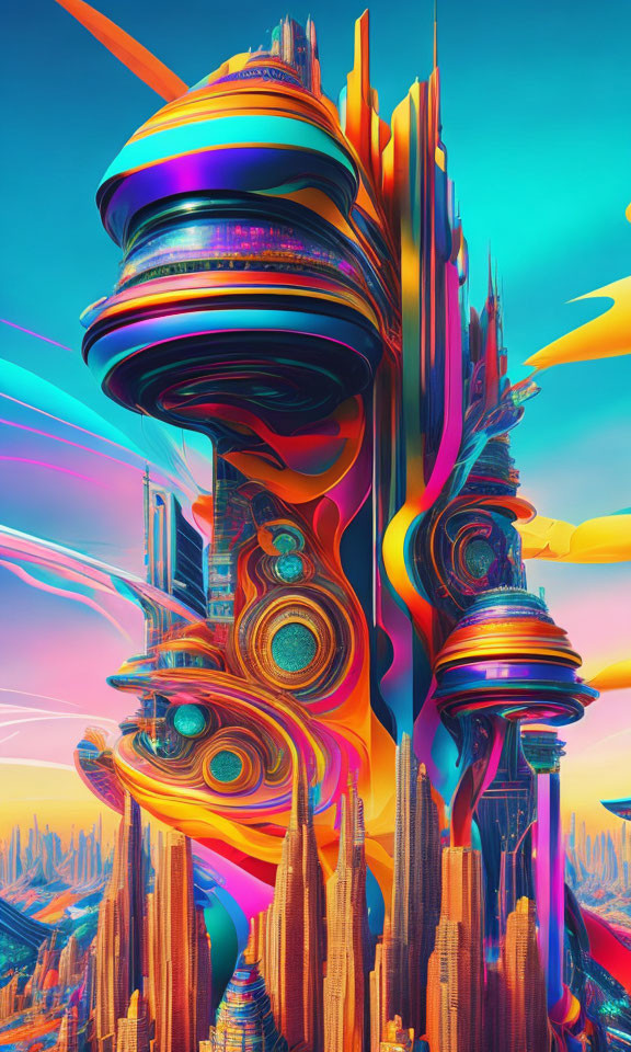 Colorful futuristic cityscape with whimsical structures in pink, blue, and orange hues