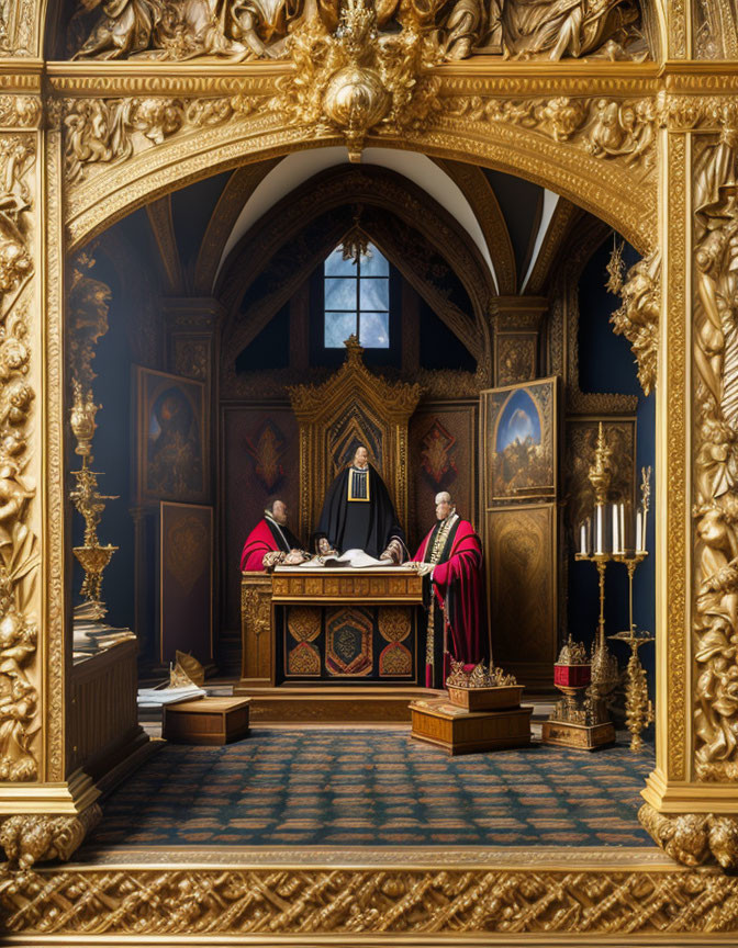 Three Figures in Red and Black in Ornate Room with Paintings and Gothic Windows