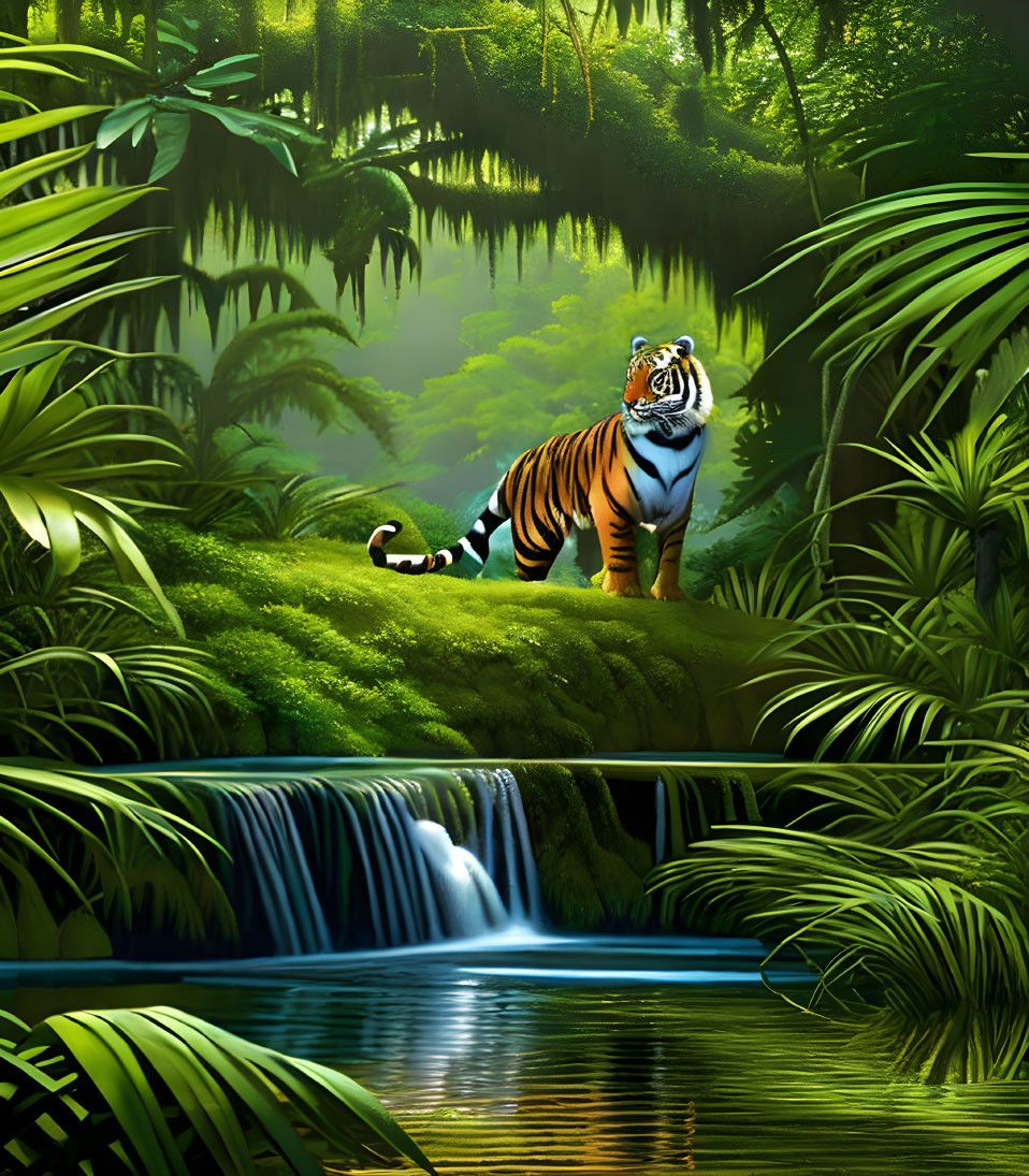 Tiger overlooking waterfall in lush jungle