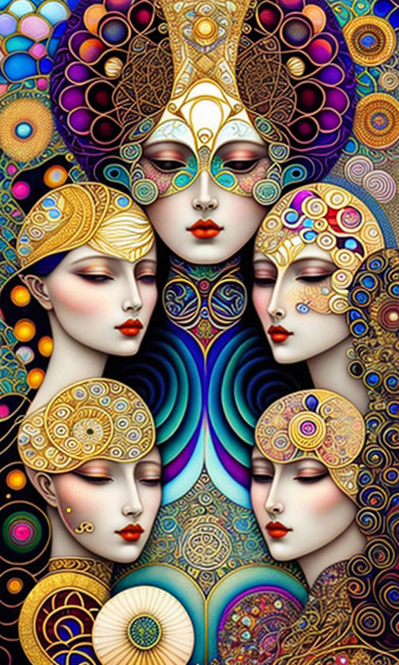 Vibrant Artwork of Three Stylized Women with Elaborate Headdresses