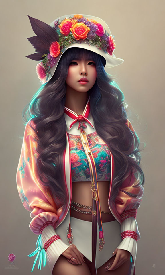 Illustrated woman with long wavy blue hair in floral hat and colorful jacket.