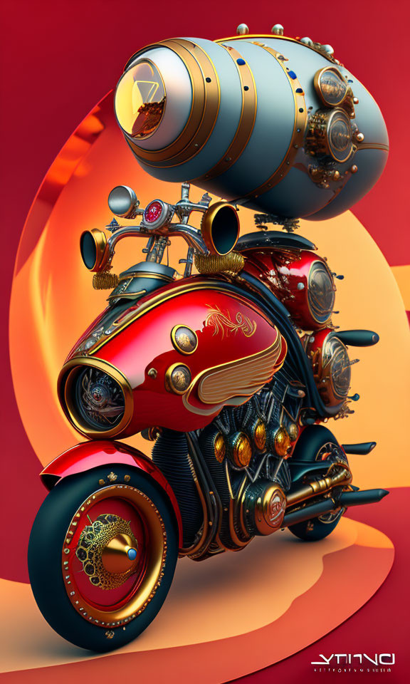 Futuristic steampunk-style motorcycle with golden details on red-orange background