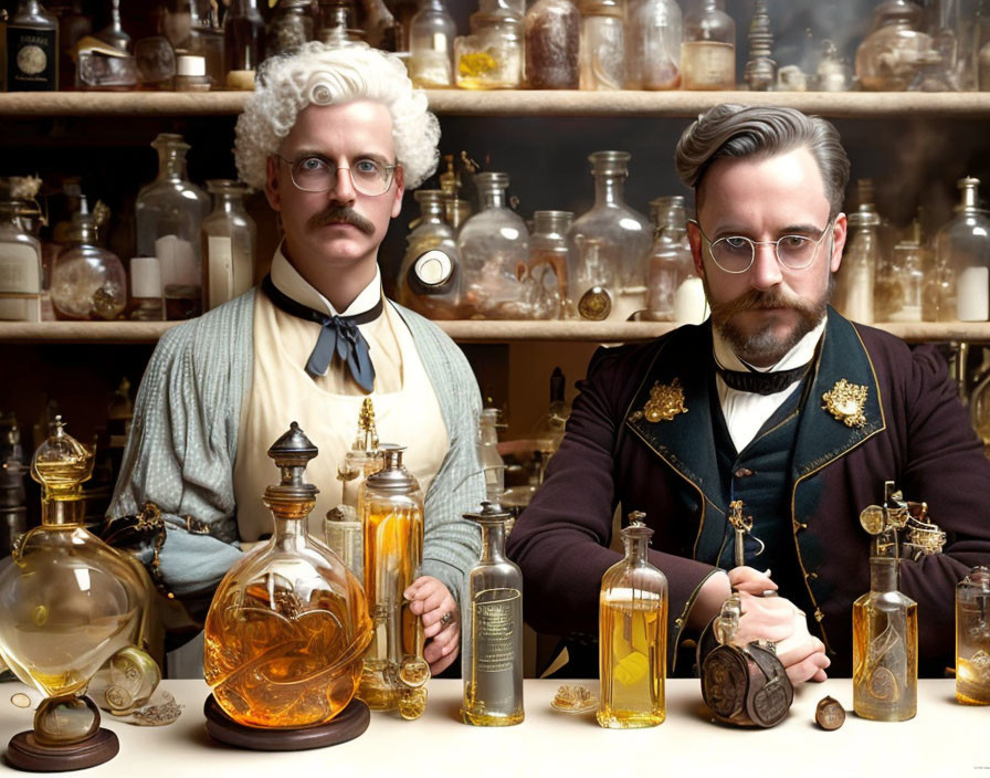 Vintage Attire Men with Antique Bottles and Scientific Equipment