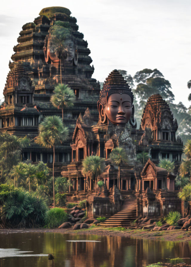 Stone Buddha head in front of ancient temple at dusk