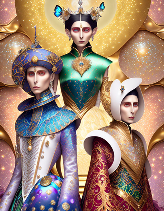 Three regal figures in celestial-themed attire with intricate designs and golden star backdrop.