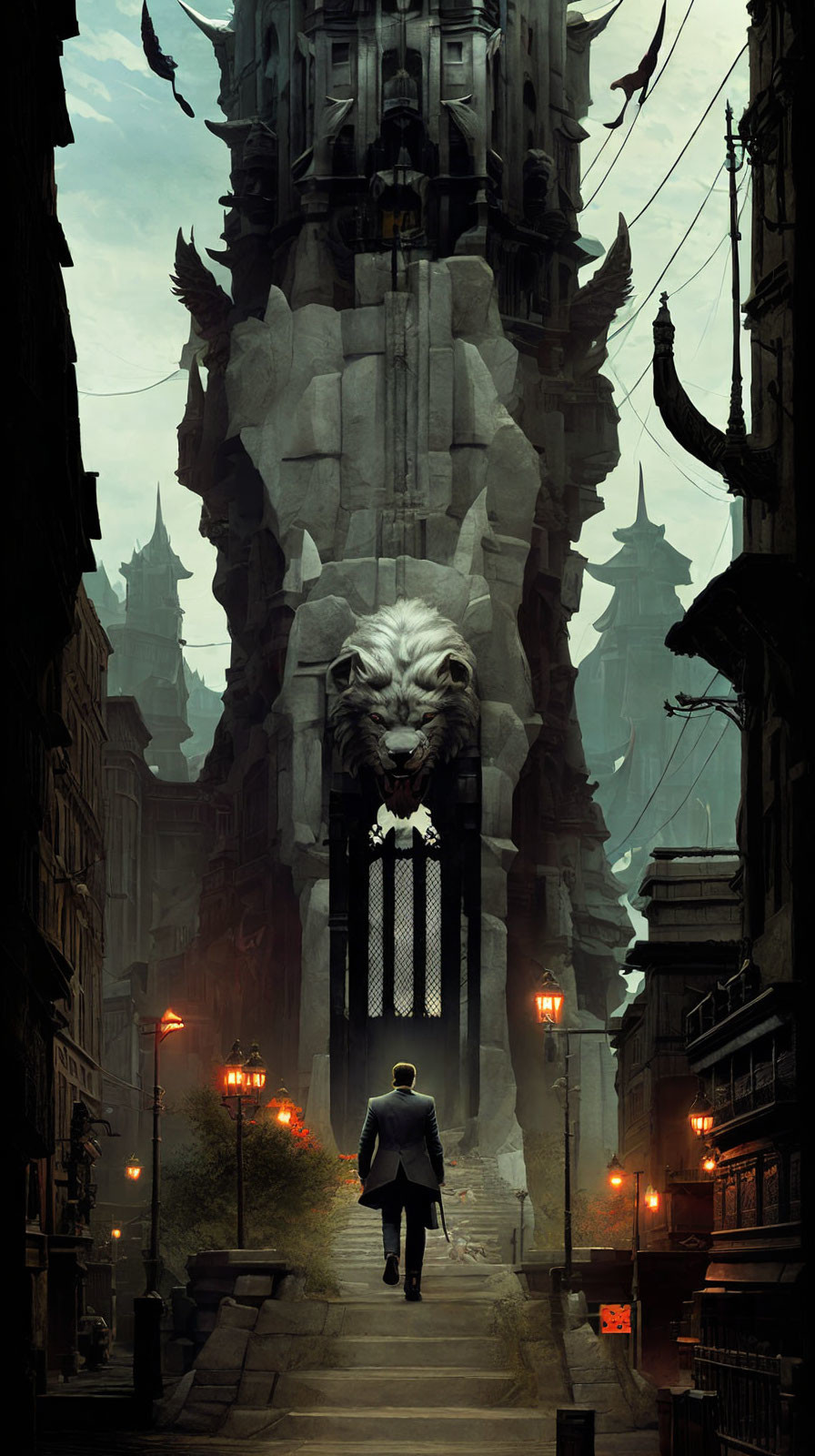 Man in Suit Standing Before Colossal Lion-Headed Gate in Gothic City Alley