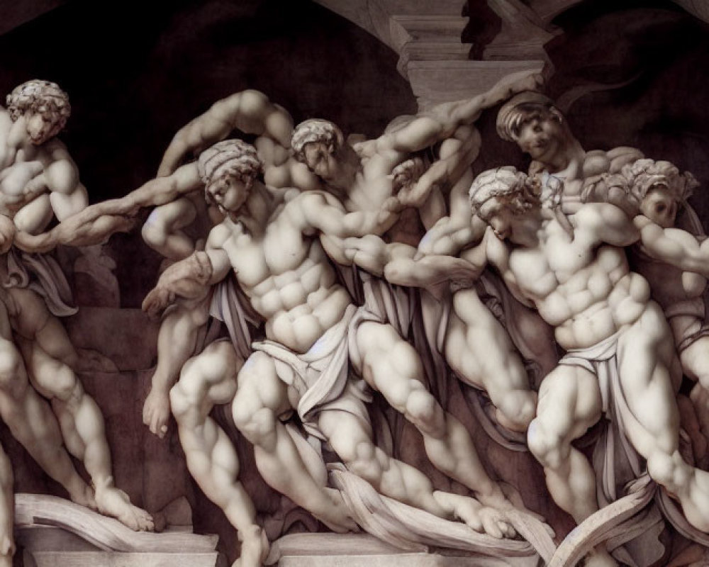 Muscular nude male figures in dynamic poses on bas-relief sculpture