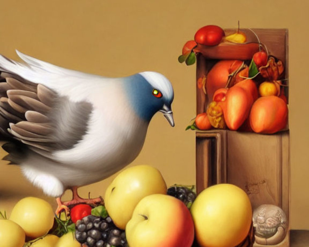 Pigeon beside fruit display: apples, grapes, tomatoes in basket and crate on beige.