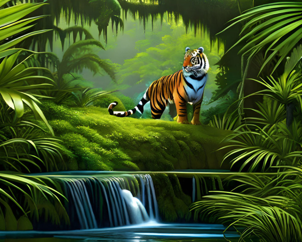 Tiger overlooking waterfall in lush jungle