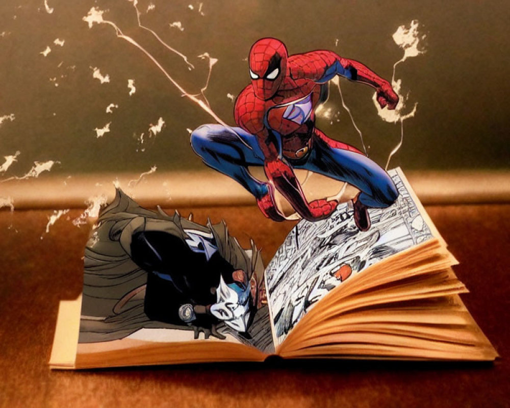 Spider-Man leaping from comic book with villain against brown background