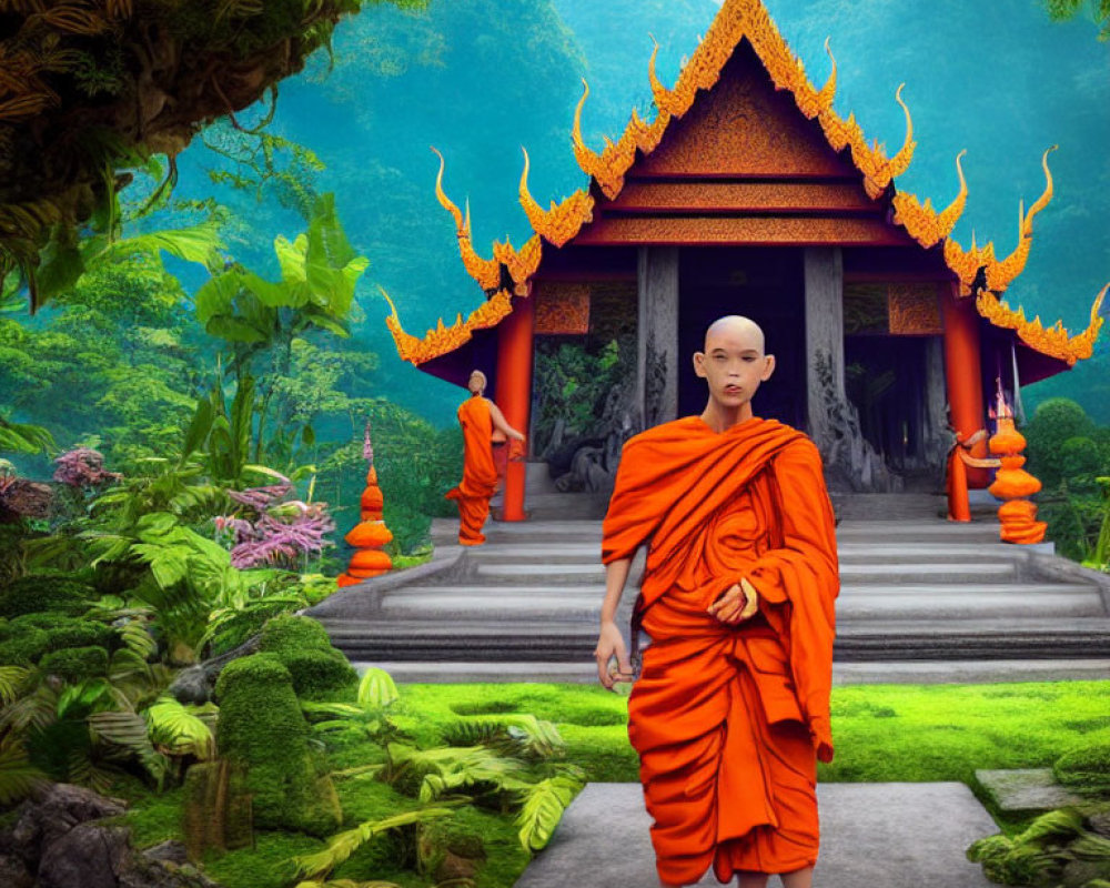 Monk in orange robes at traditional temple in lush tropical landscape