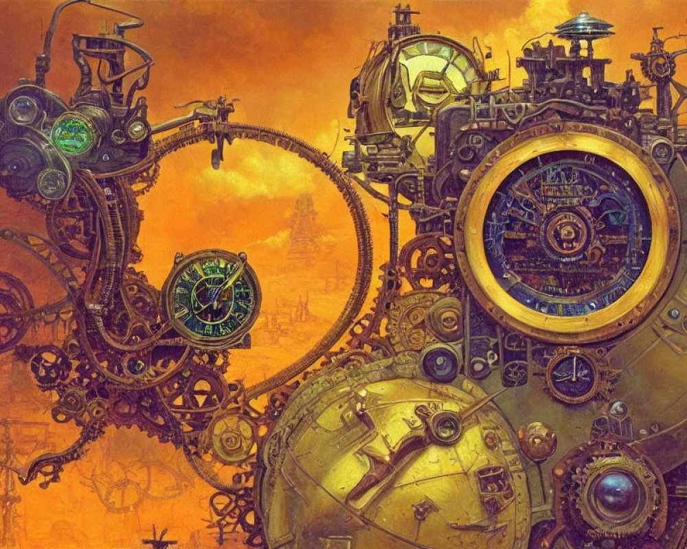 Detailed Steampunk Artwork with Gears and Spherical Structures