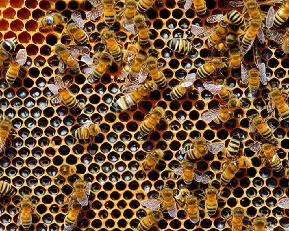 Busy Honeybees Working on Filled Honeycomb Cells