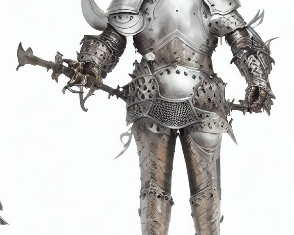 Detailed full-body illustration of a horned knight in ornate plate armor with a mace