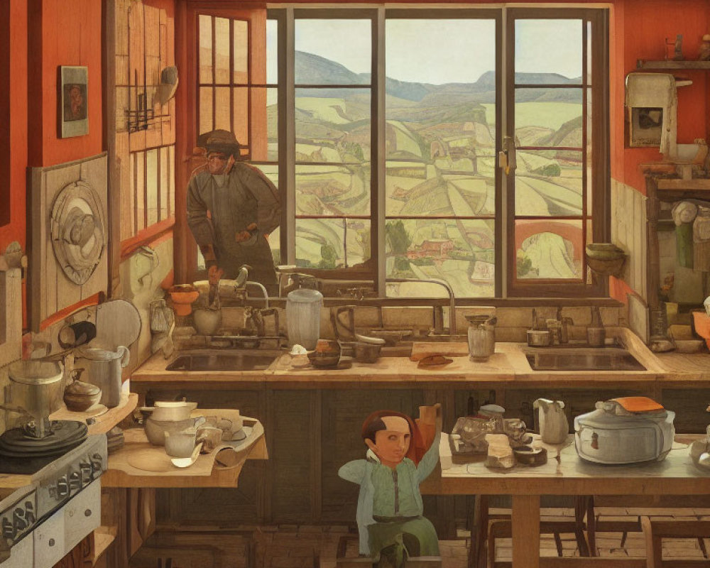 Man cooking in rustic kitchen with child playing, overlooking countryside hills