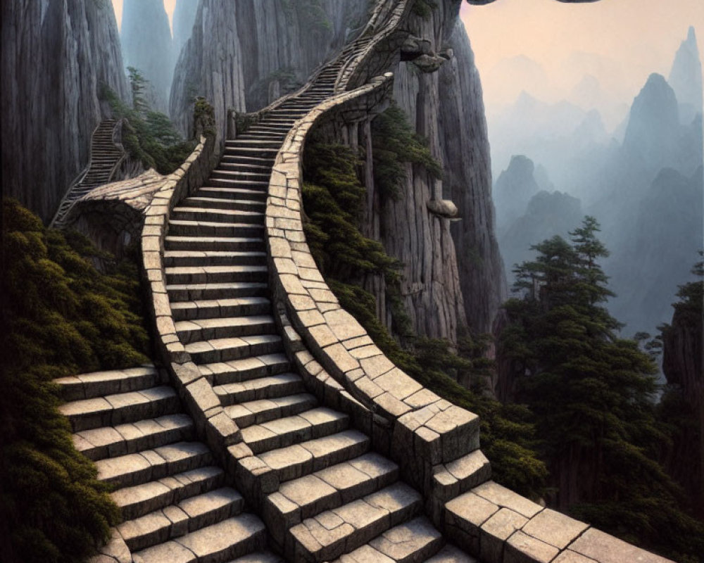 Stone Staircase Ascending Mountain Landscape with Arch Bridge